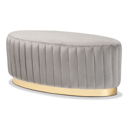 BAXTON STUDIO Kirana Glam and Luxe Grey Velvet Fabric and Gold PU Leather Ottoman 175-11239-Zoro